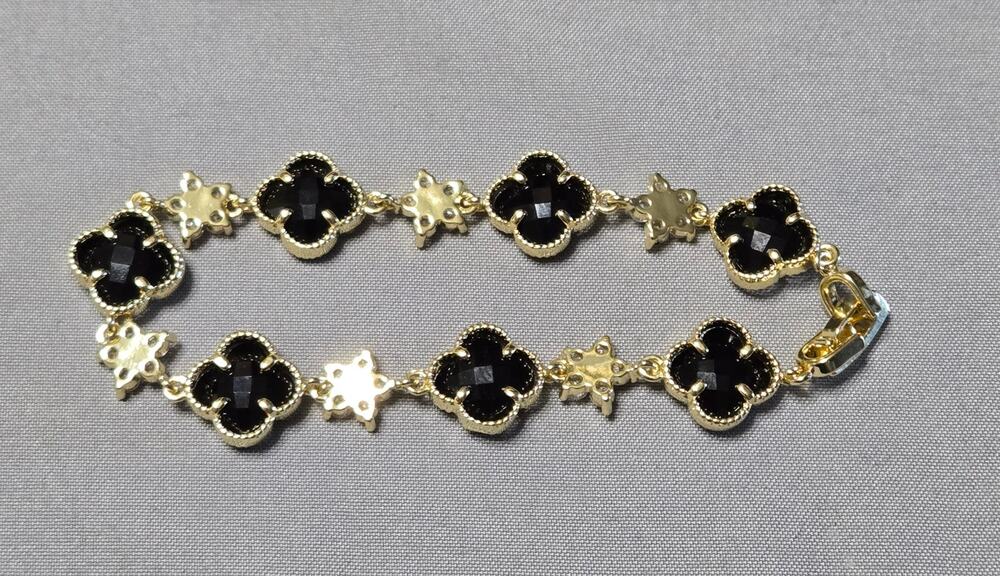 Elegant Black Clover and Zircon Floral Station Bracelet